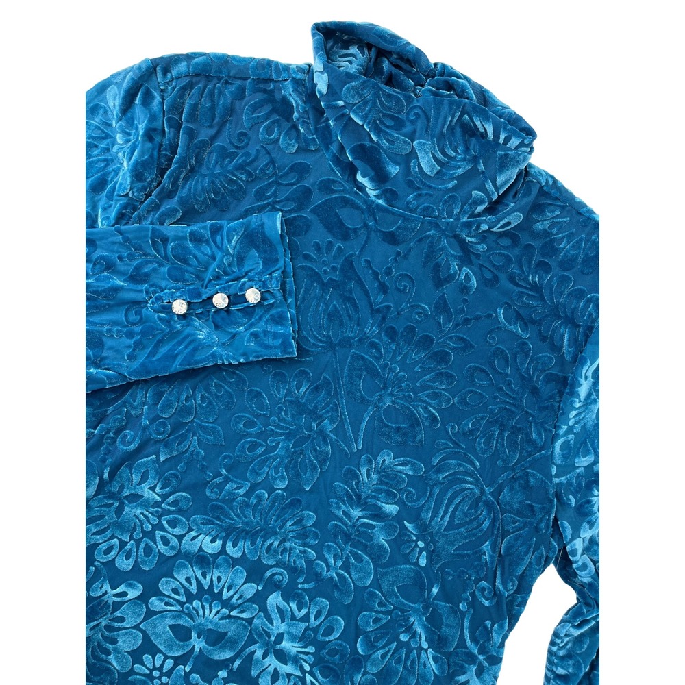 Soft Surroundings Teal Blue Burnout Velvet Floral Damask Rhinestone Top M‎ NEW